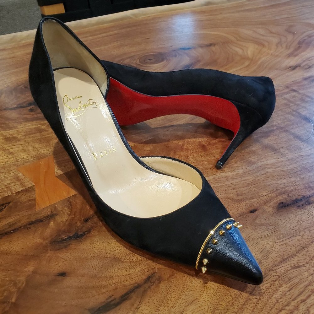 Christian Louboutin Iriza 70 Gold Studded Black Suede Pumps Shoes Size 36.5